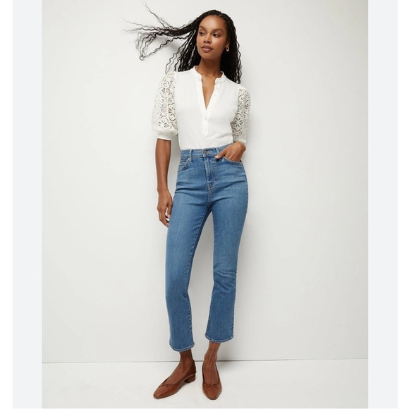 Veronica Beard Carly Kick Flare Crop High Rise Jeans in Blue - Picture 1 of 8